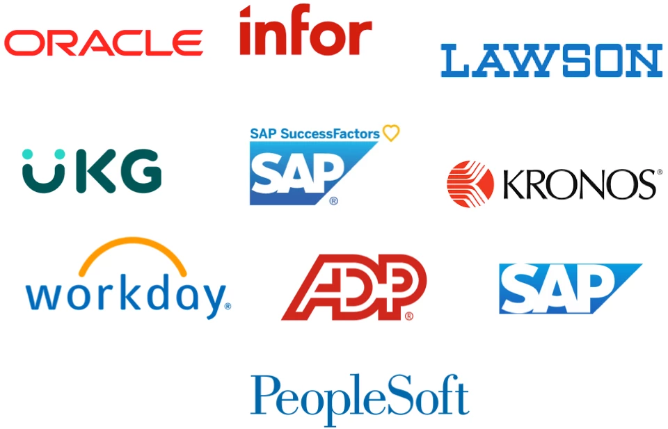 Logo cloud with Oracle, Infor, Lawson, UKG, SAP, Kronos, Workday, ADP, SAP, PeopleSoft