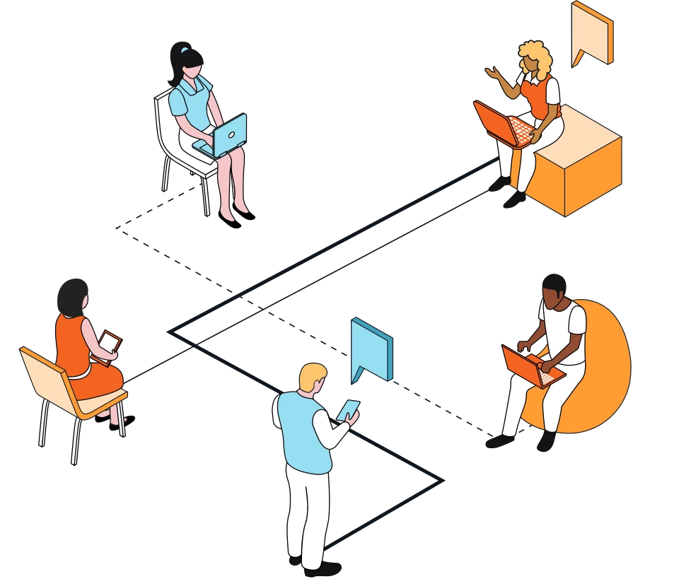 illustration of 5 people sitting with their laptops or phone with lines connecting each of them