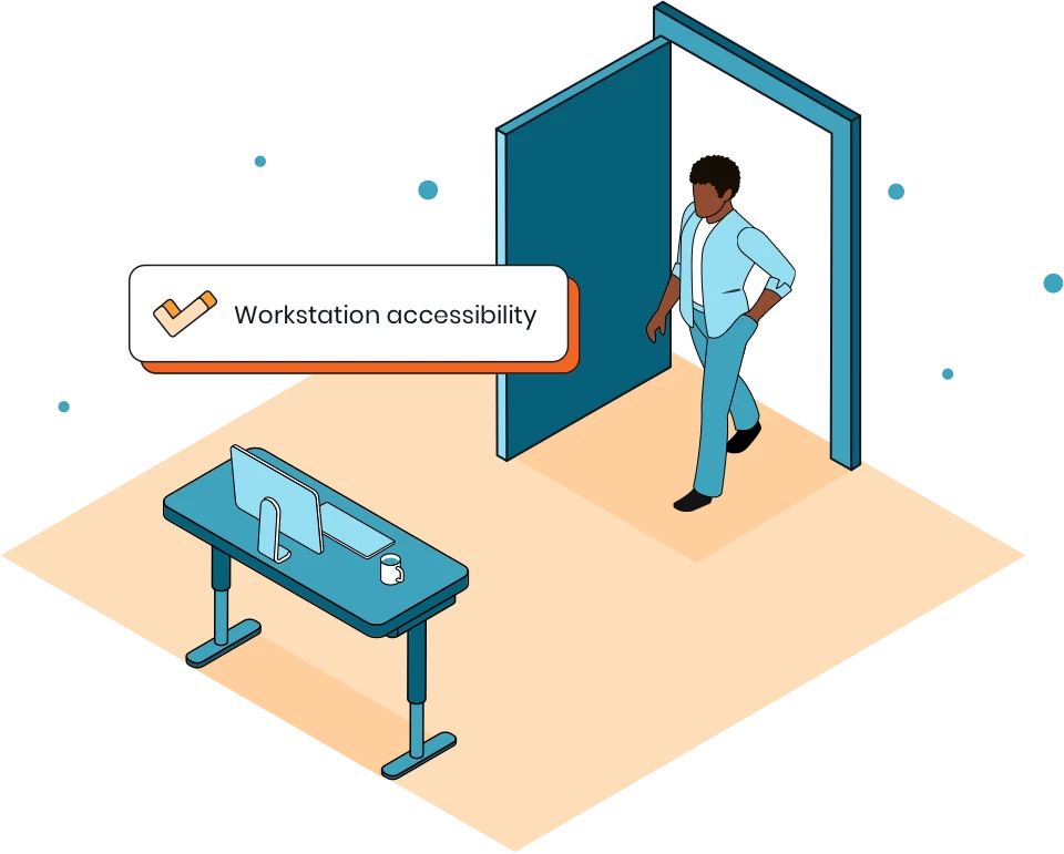 Office with an open door and desk with the title "workstation accessibility" and checkmark