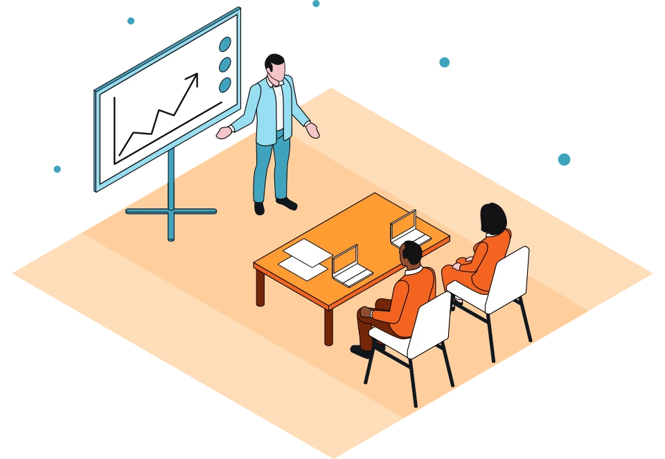 Man giving a presentation to two other people in a board room with a projector screen and line graph